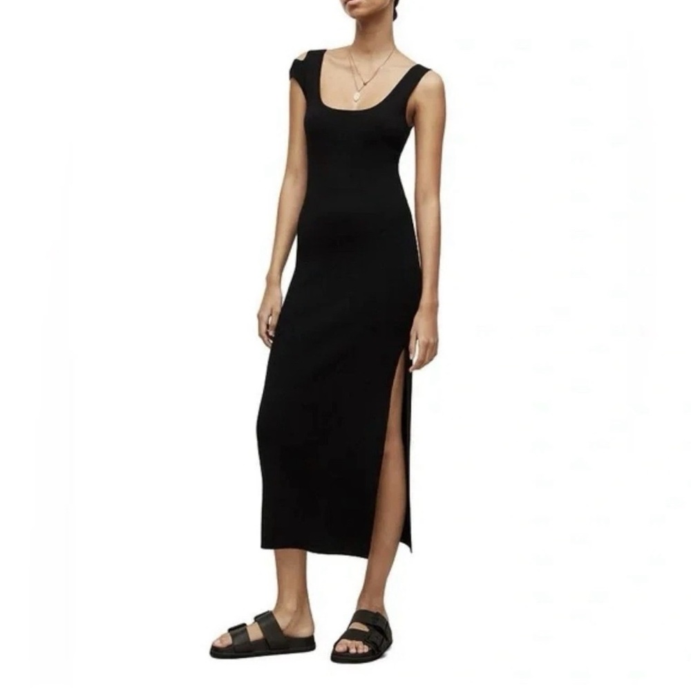 All Saints Laurel Midi Length Bodycon Dress Stretch Ribbed Black Size S